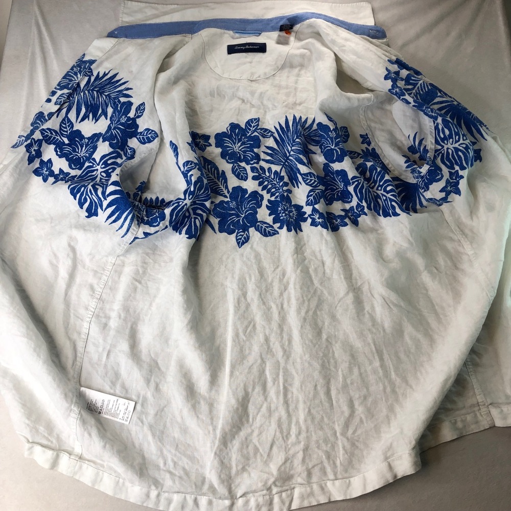 Tommy Bahama Reverse Print Linen Men XXL Button Shirt White Blue Floral Hawaiian - Picture 9 of 16